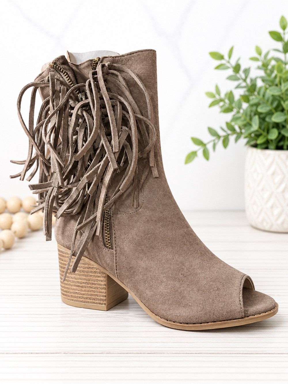 Nature Breeze Taupe Fringe Peep-Toe Block Heel Booties